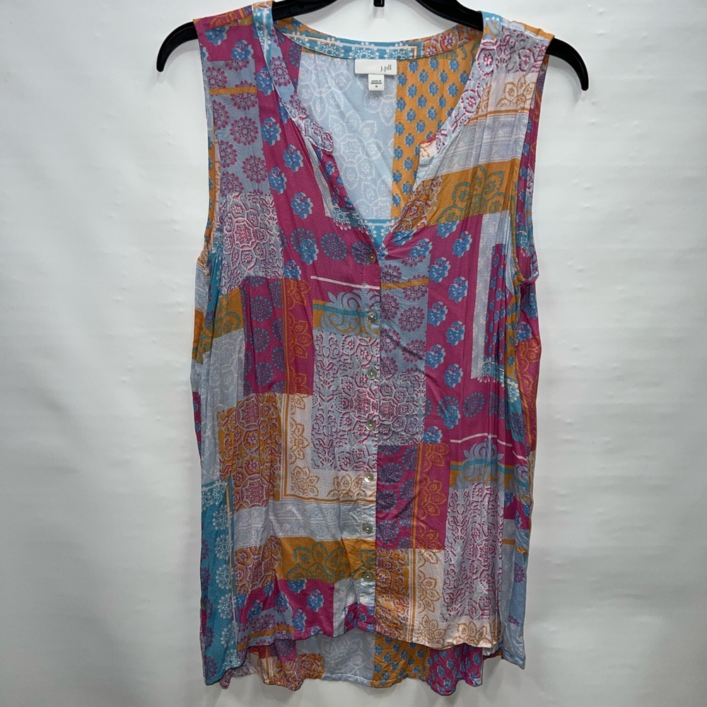 J. Jill Blouse Women’s Medium Multicolor Patchwork Print Rayon Sleeveless